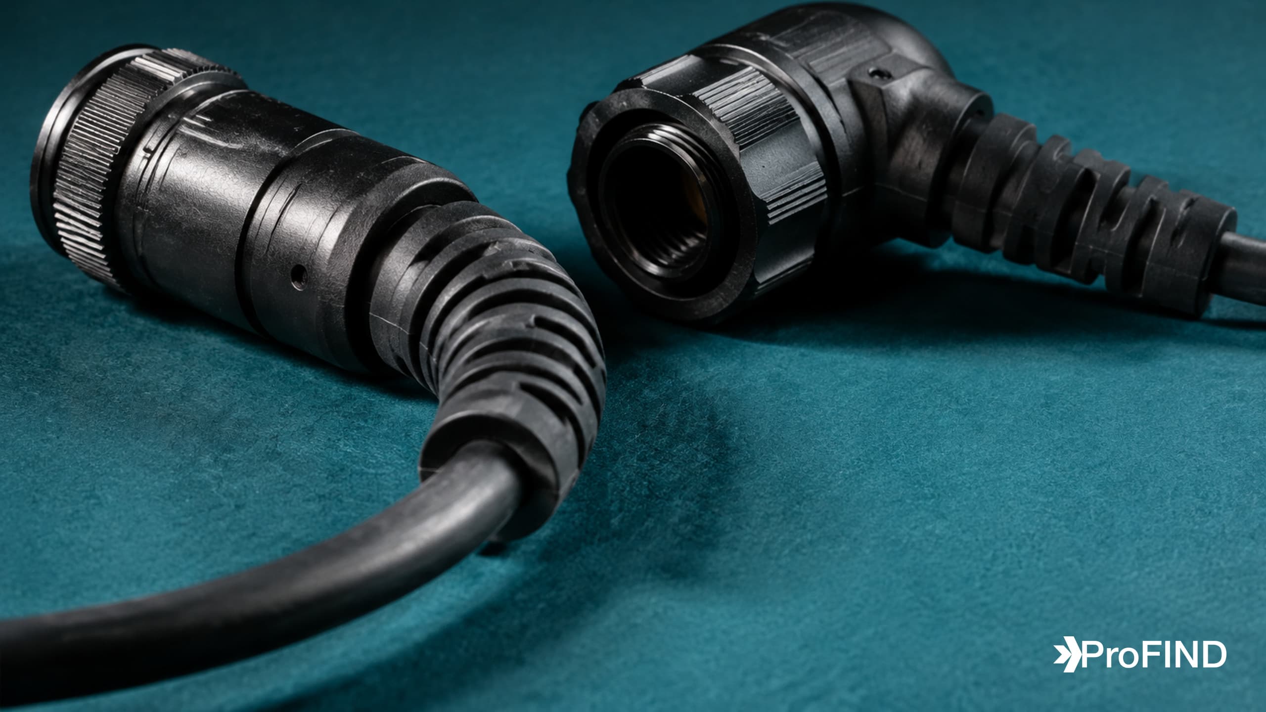 A connector cable exit with backshell and rubber strain relief beside separate protective accessories