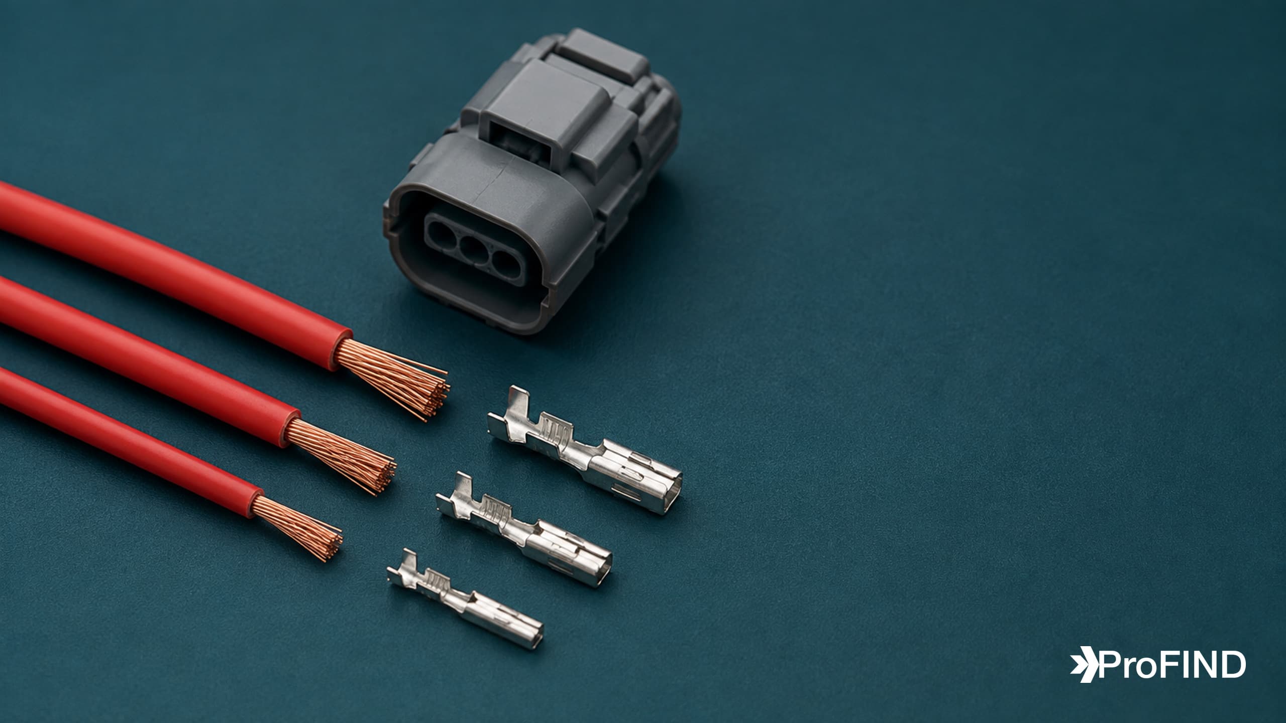 Three sizes of copper wire and metal crimp contacts arranged on a teal surface