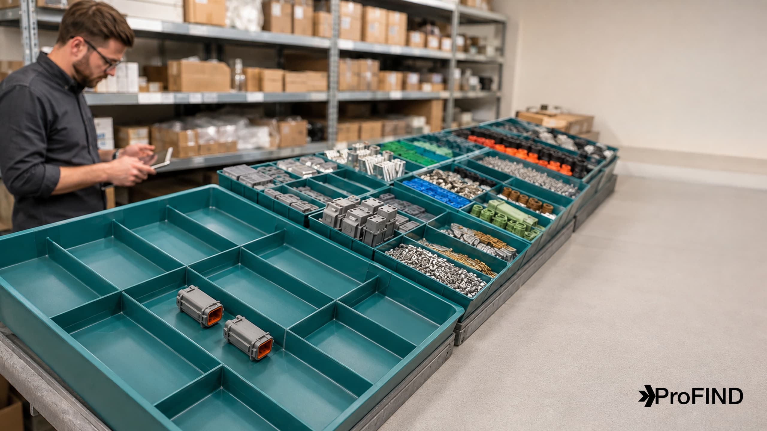 An engineer checking uneven stocks of connector housings, contacts, and seals in component trays