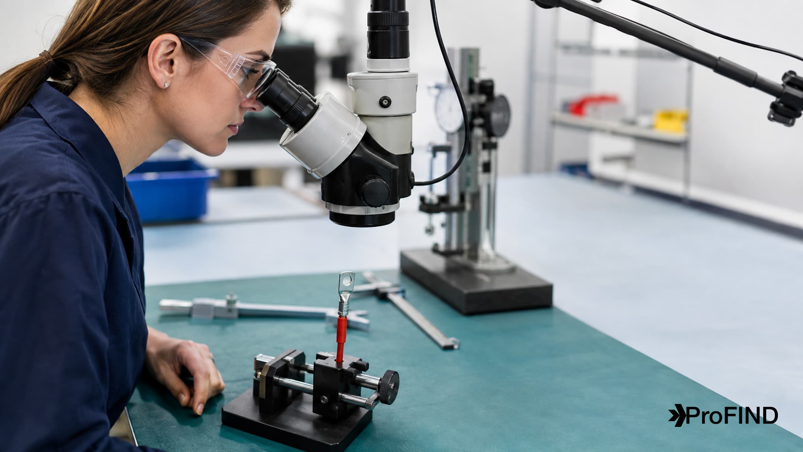 An engineer inspecting a wire termination with a stereo microscope at a teal workbench