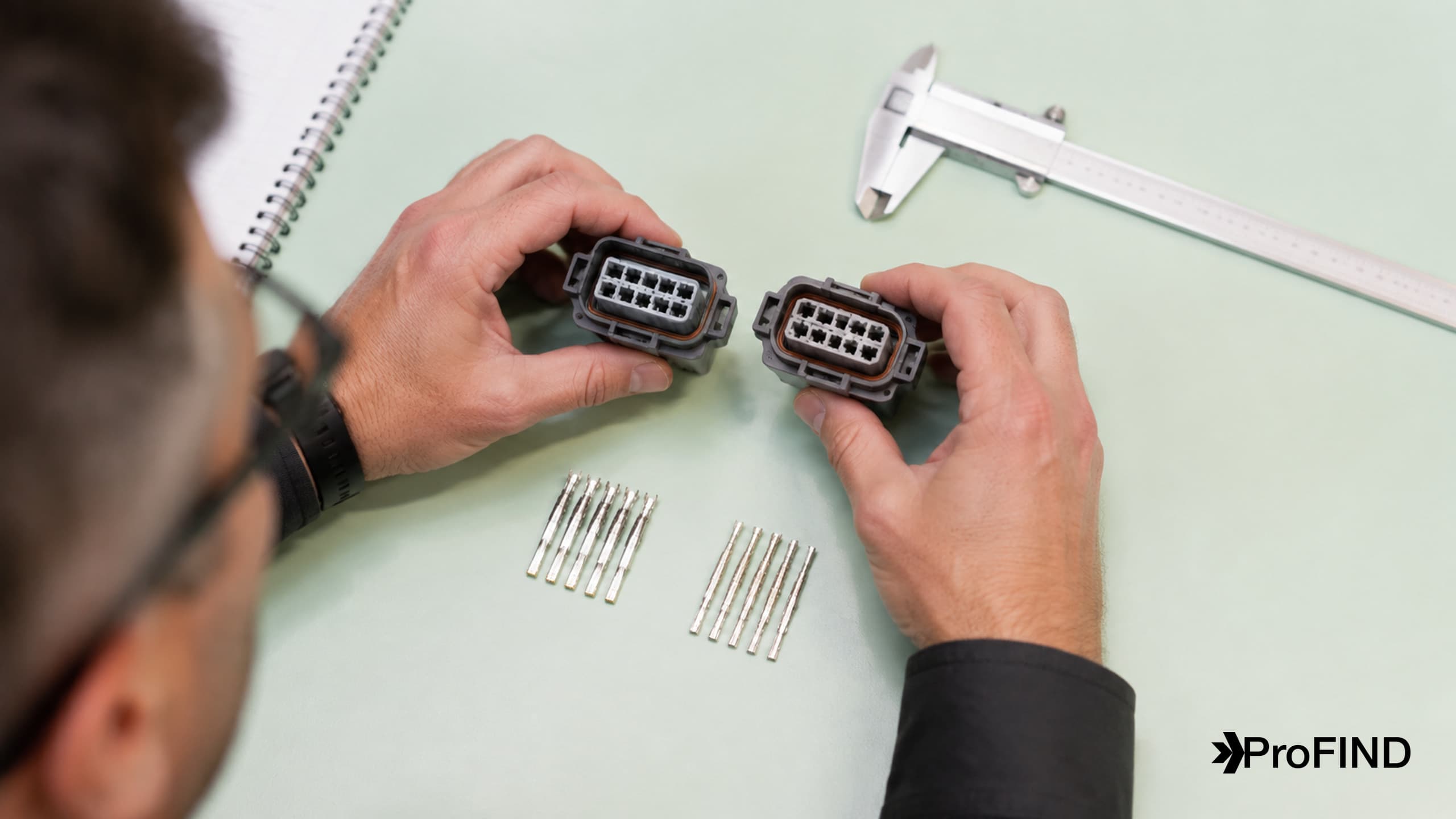 Two distinct connector samples and their contacts arranged for comparison beside a caliper