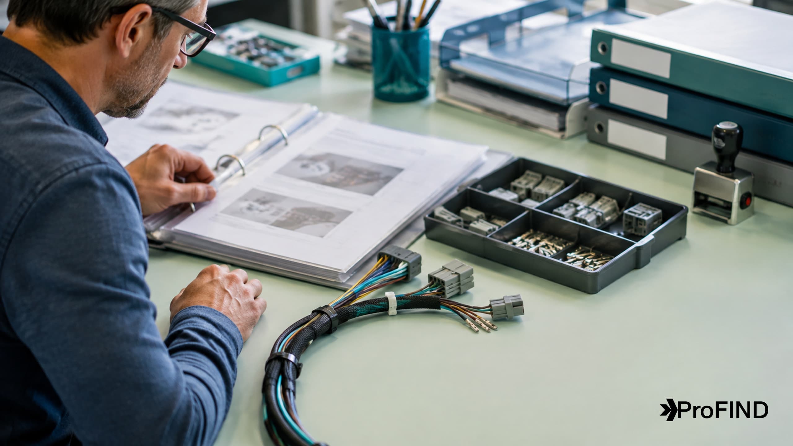 An engineer reviewing documentation beside a sample connector harness and organized component tray