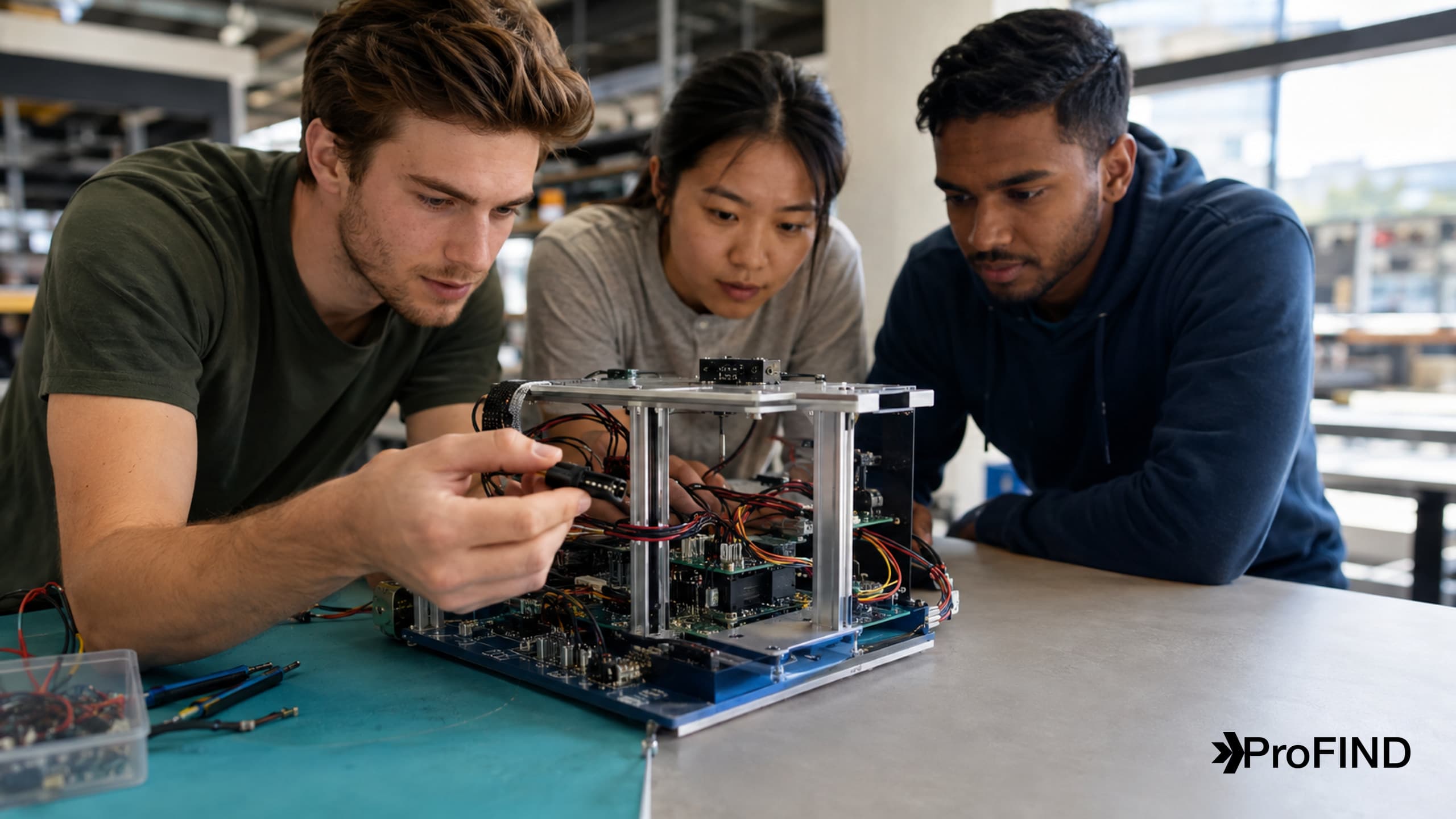 Engineering students selecting a connector for a tabletop electronics prototype