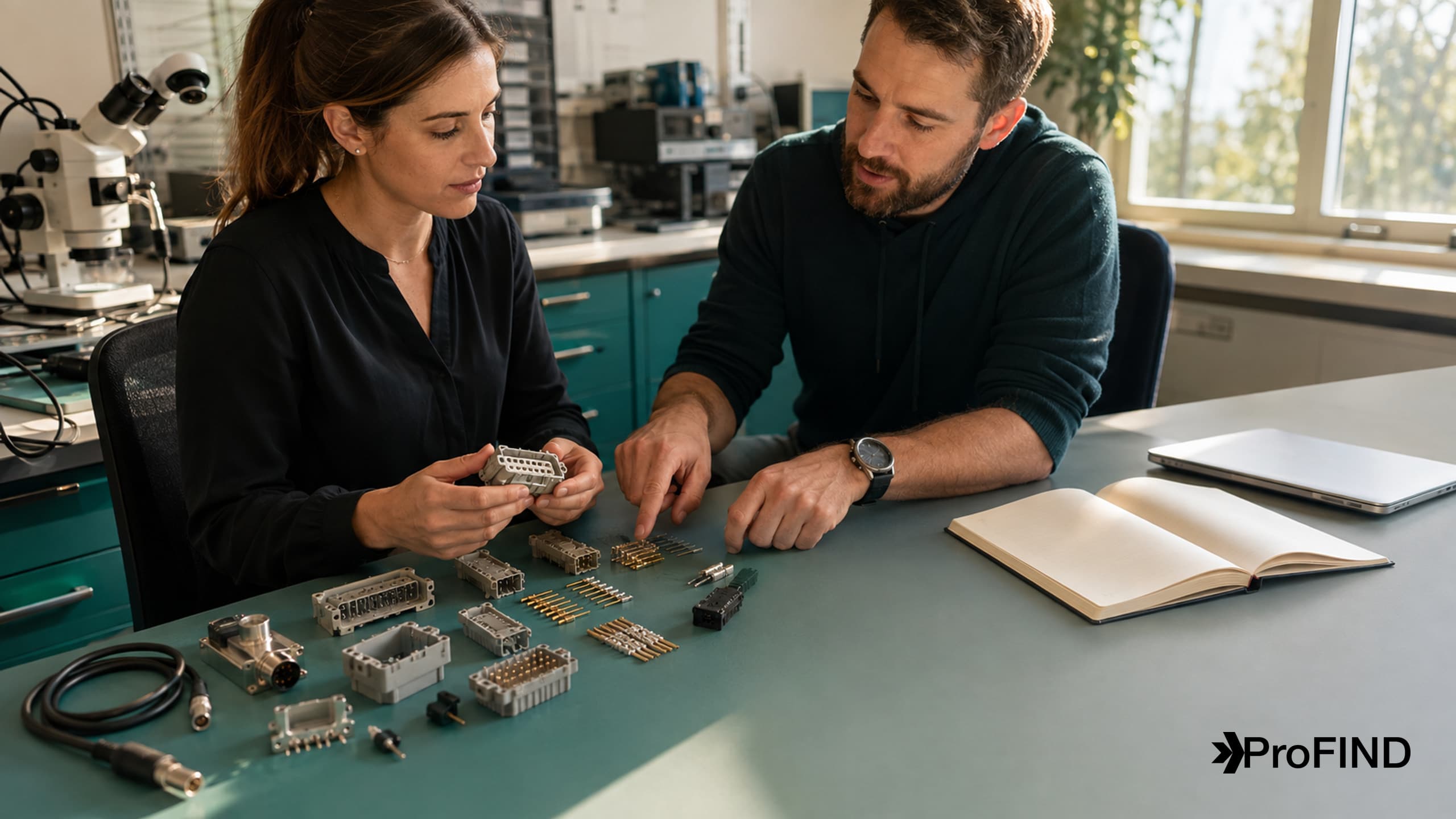 Two engineers discussing connector housings and cables at a sunlit laboratory bench