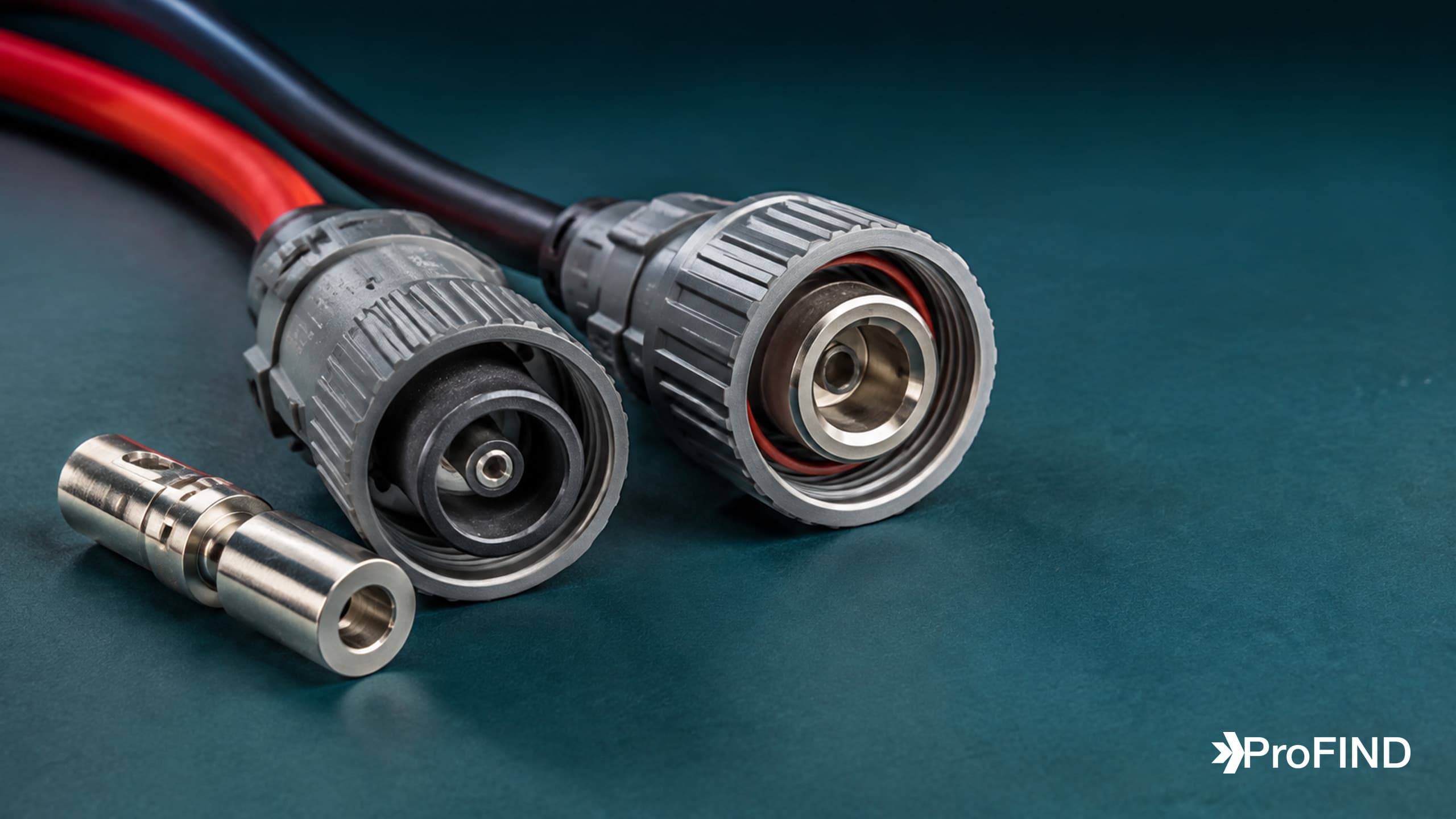 A rugged single-pole power connector pair with thick cables and a large machined contact