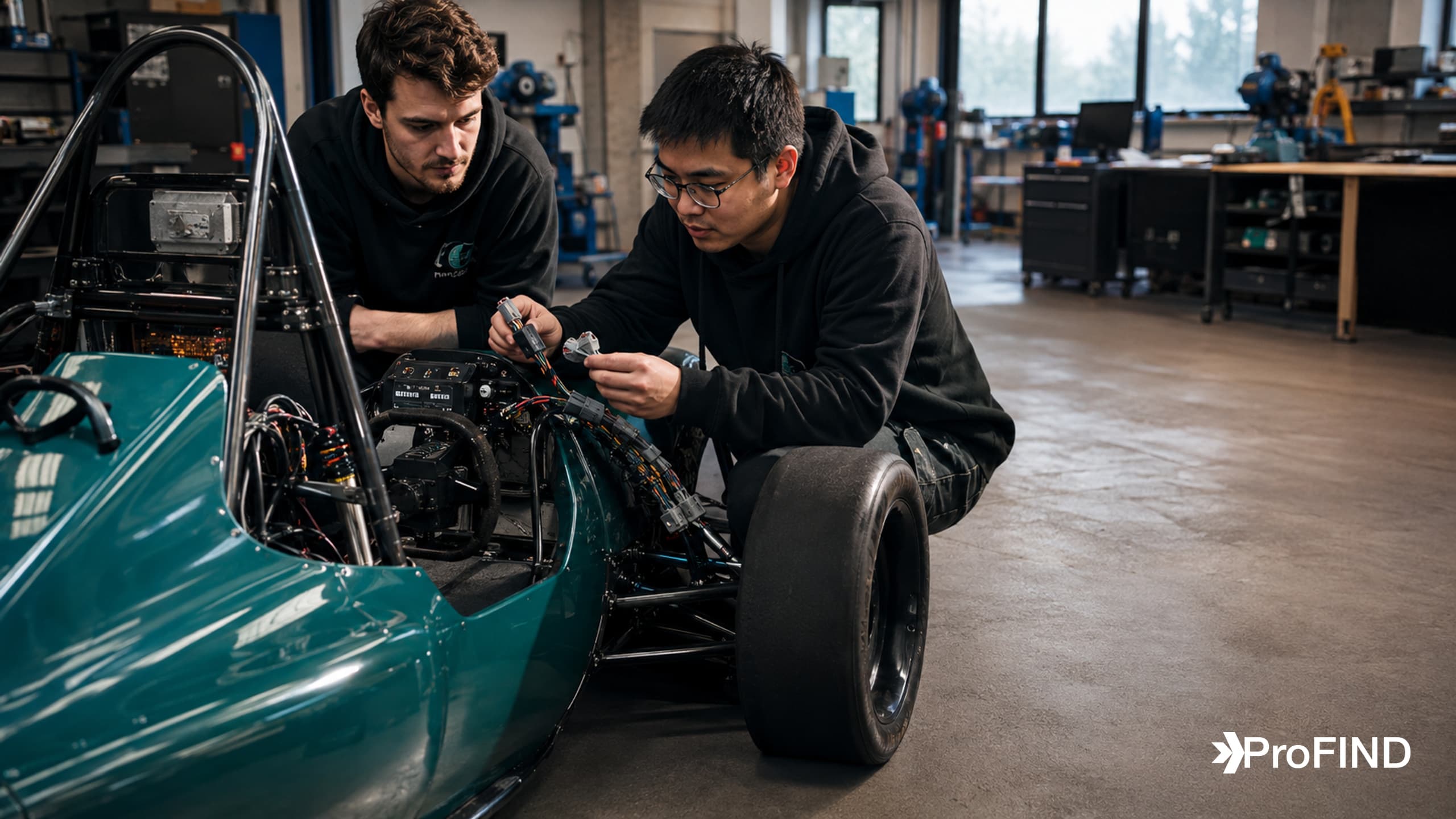 Student engineers inspecting a low-voltage connector harness beside a teal open-wheel race car