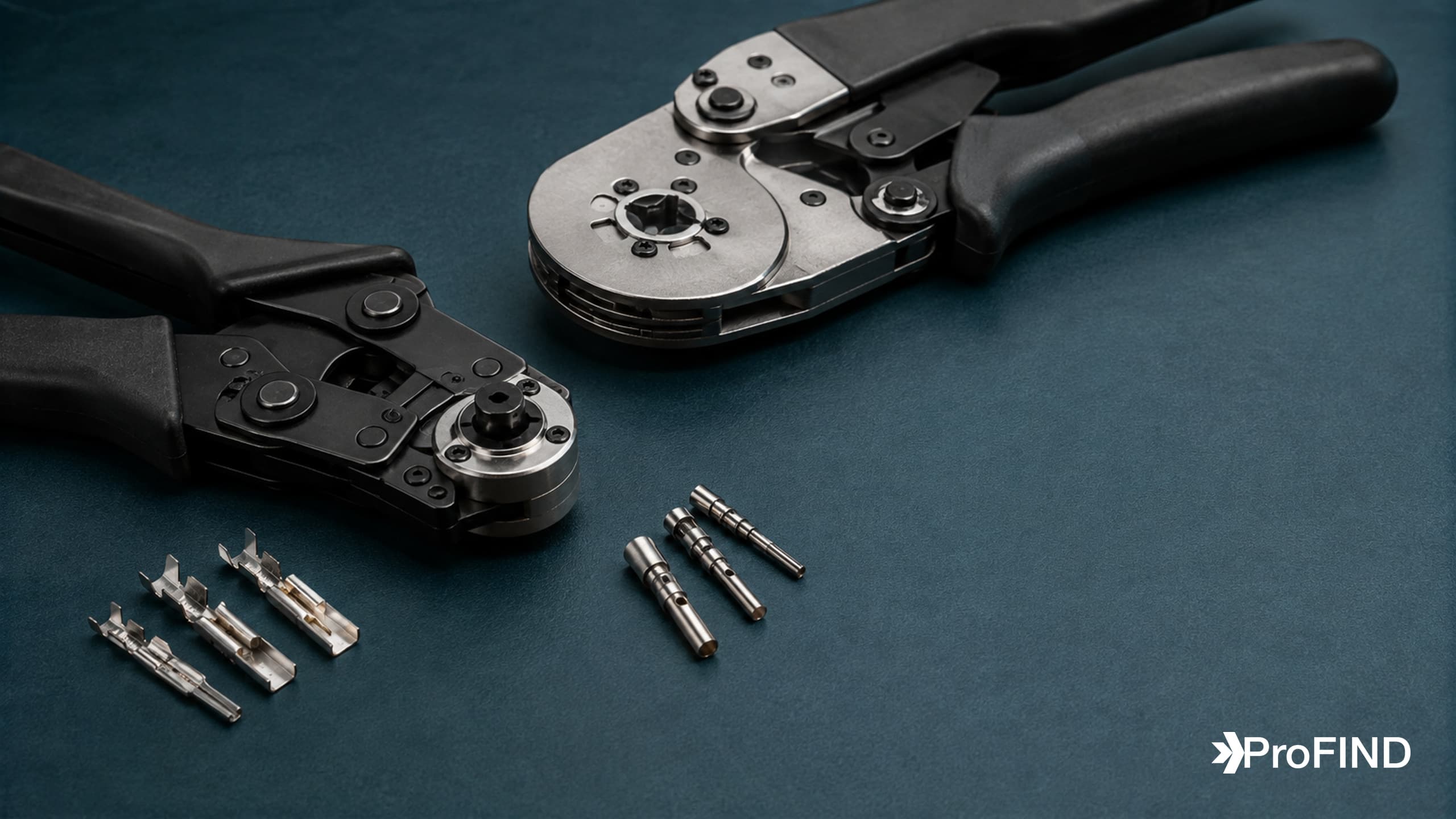 Two connector crimp tools beside loose stamped and cylindrical contacts