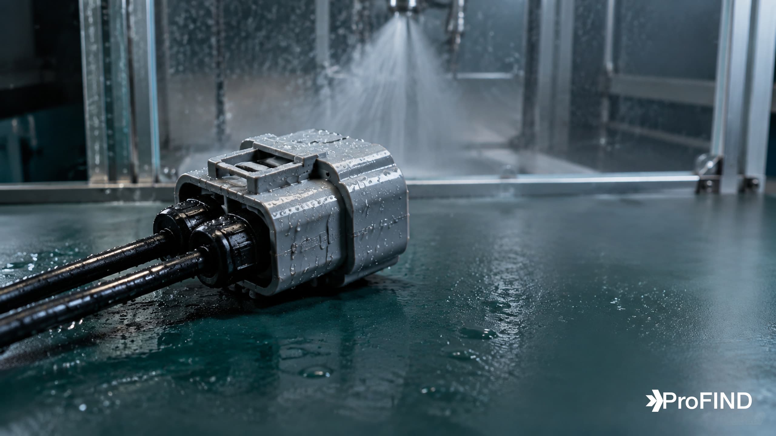 Water droplets on a closed sealed connector and cable tails near a spray-test enclosure