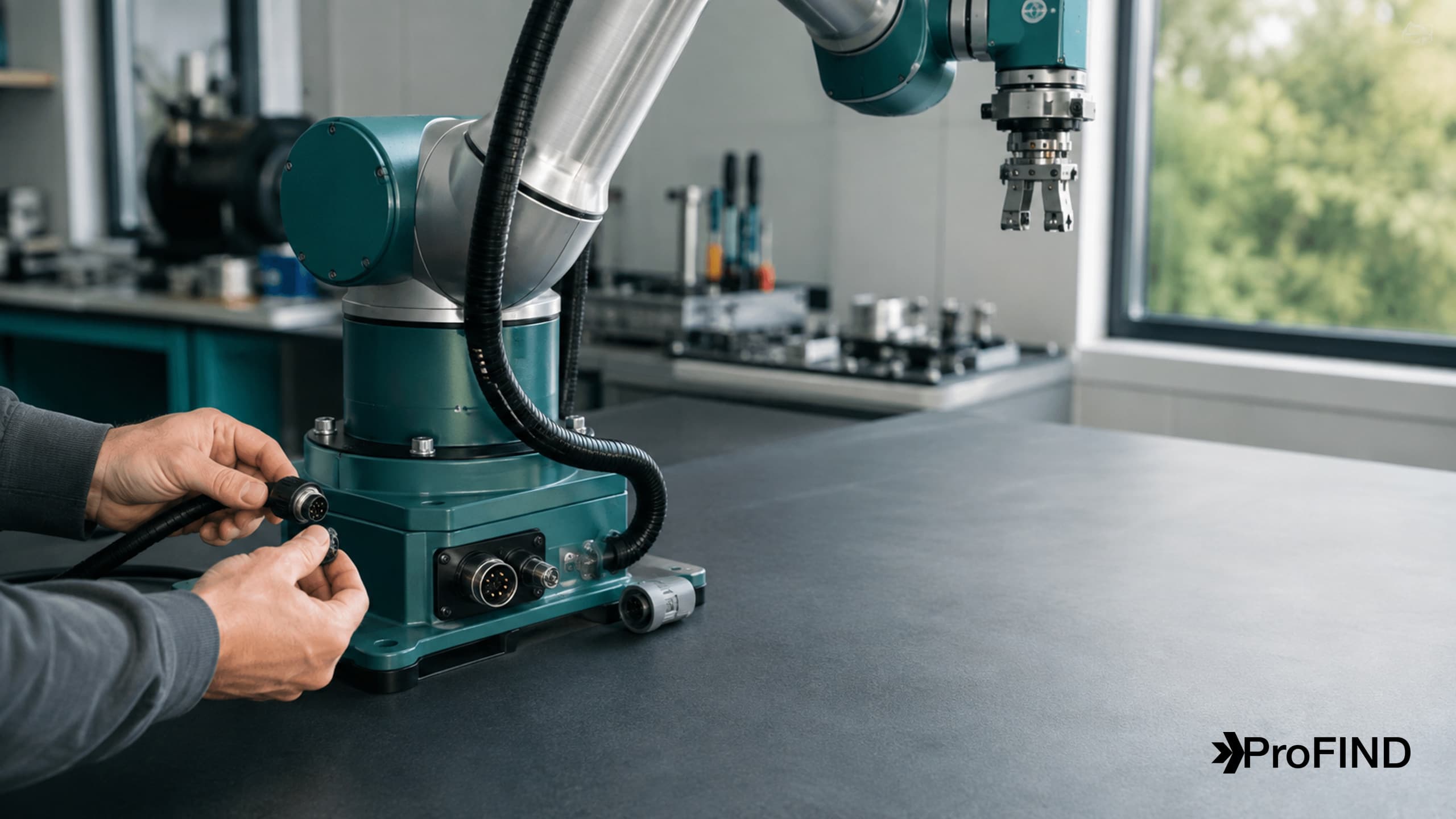 Cable routing and connectors at the base of a stationary articulated robot arm