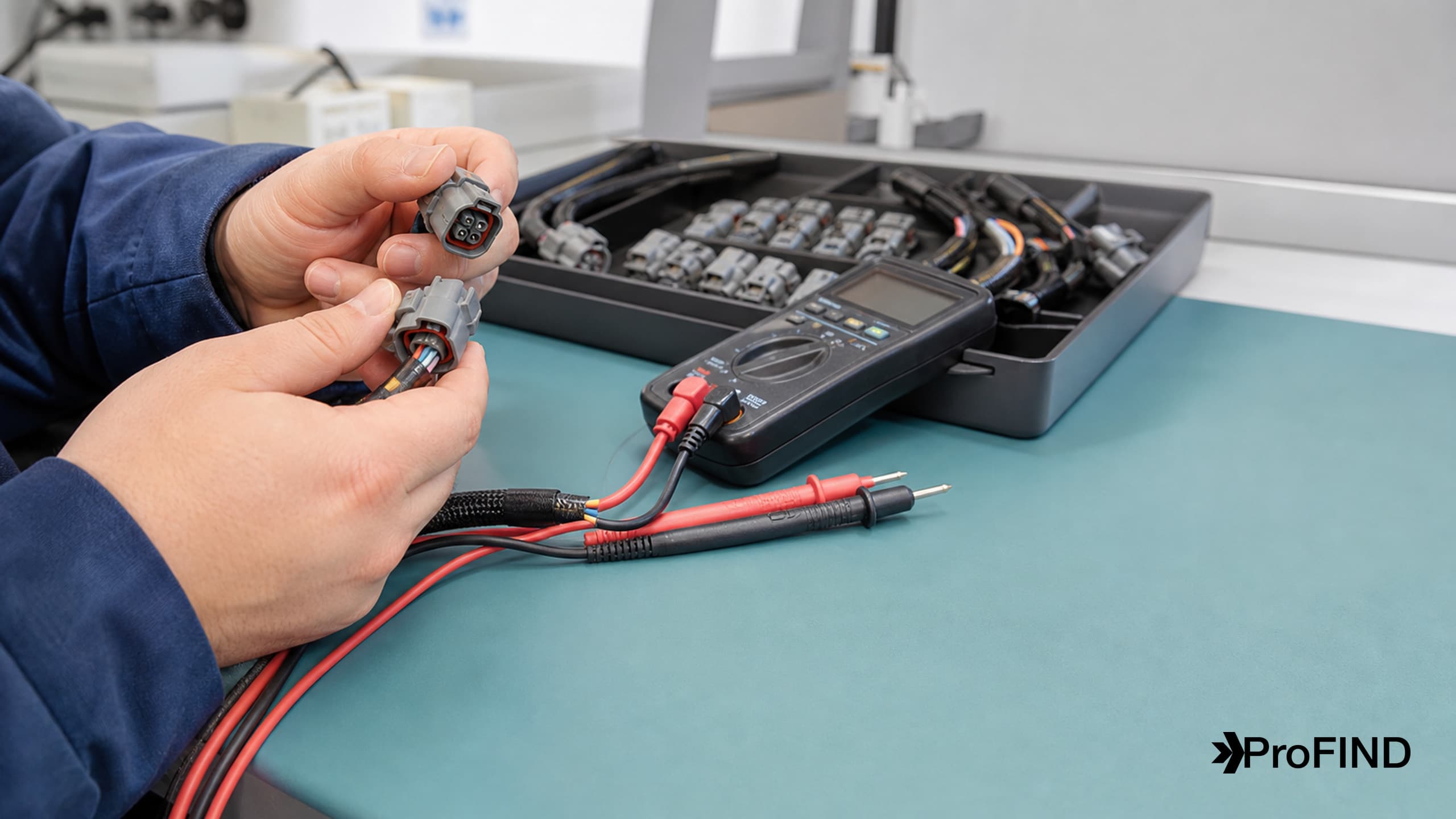 A technician inspecting connector samples beside a multimeter and a tray of parts