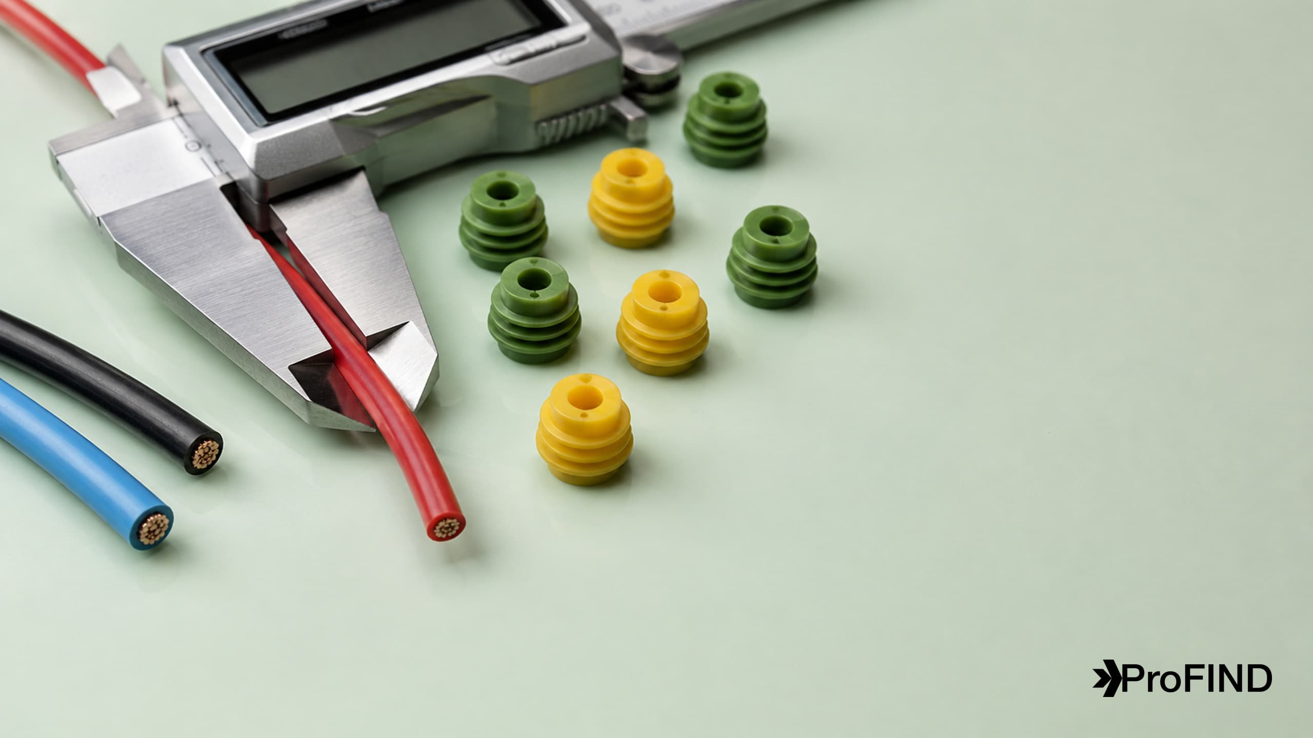 A caliper measuring wire insulation beside green and yellow ribbed silicone seals