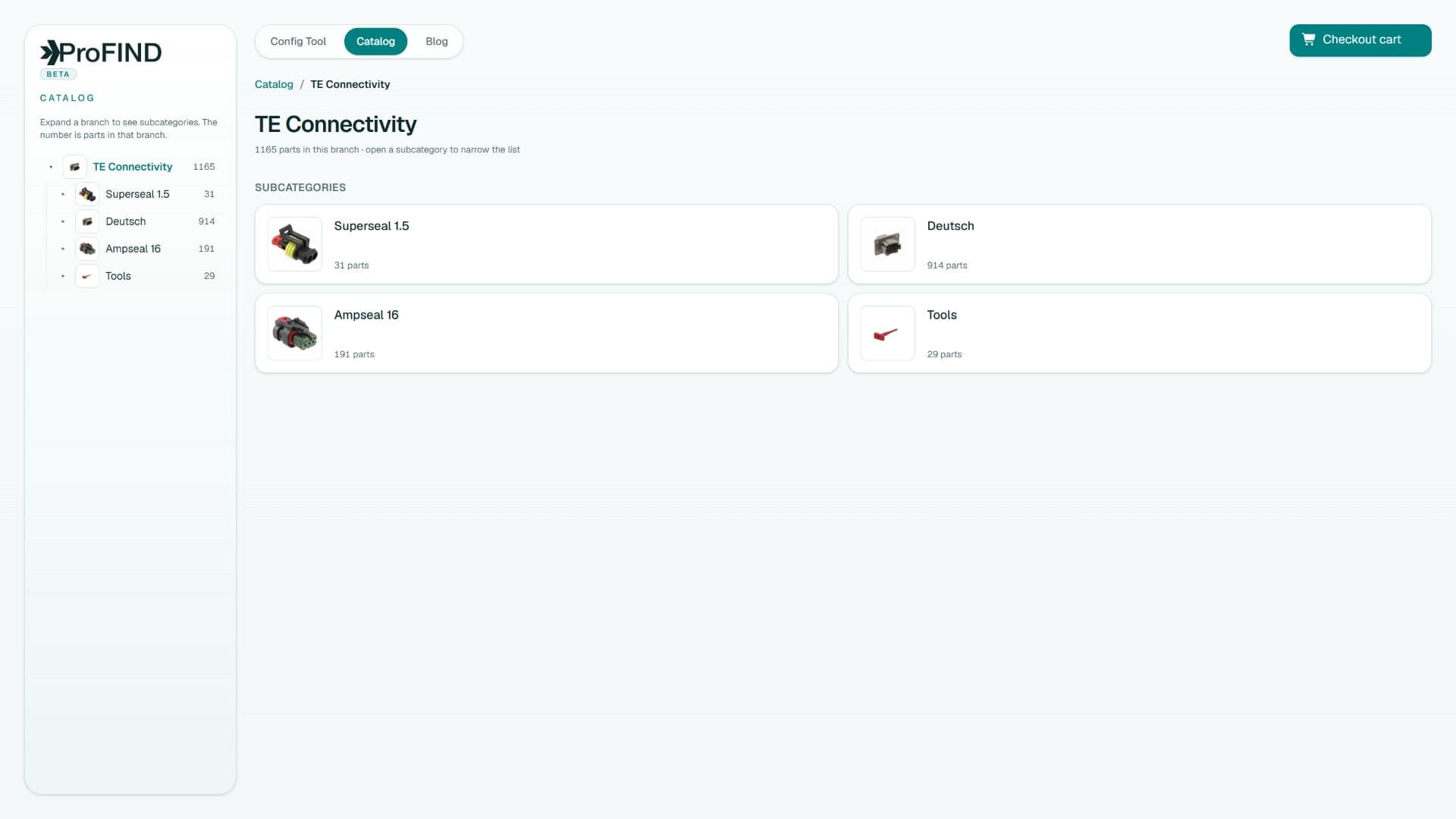 ProFind catalog organized by TE Connectivity product family with category counts and connector thumbnails