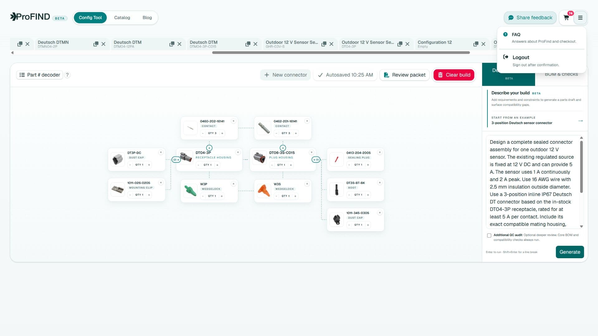 ProFind Config Tool with the workspace menu open above a completed connector graph