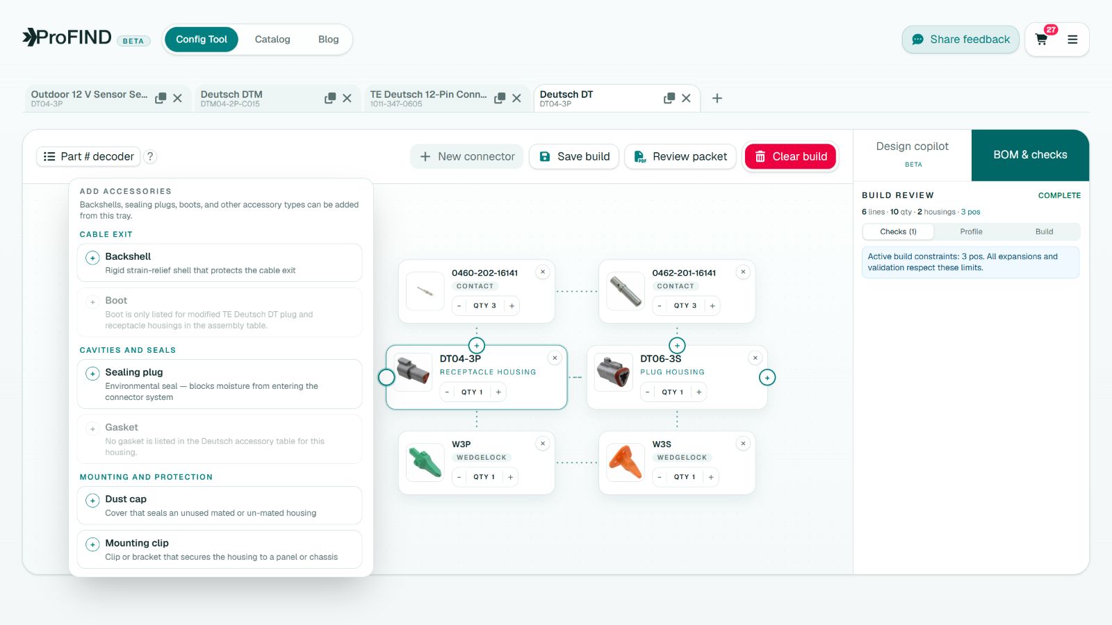 Live ProFind Config Tool showing a three-position Deutsch DT assembly with contacts, wedgelocks, the Add accessories tray open, and BOM checks visible